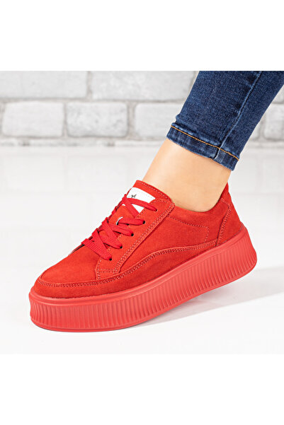 Modlet.ro Pantofi sport damă roșii din piele întoarsă cu talpă groasă, din pi...