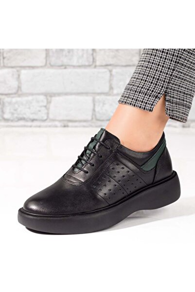 Modlet.ro Γυναικεία μαύρα και πράσινα παπούτσια με κορδόνια από δέρμα MOD10215