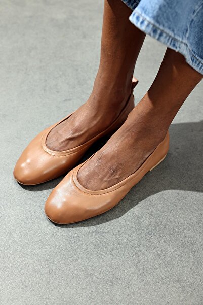 5in1Canpolat Tan Flexible Leather Ballerinas 25364