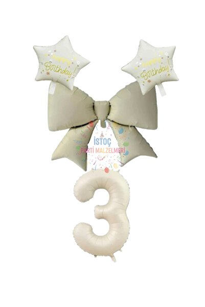 İSTOÇ PARTİ Cream Color Star Bow Number Foil Balloon Set 2 Years Old