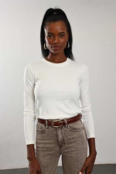 5in1Canpolat Ecru Fit Basic Long Sleeve T-Shirt