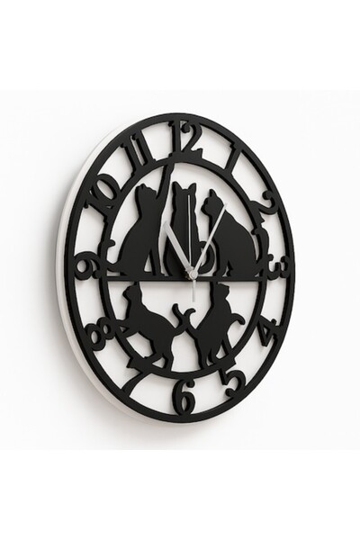 OEM Ρολόι τοίχου με γάτα – Μαύρο ξύλο/MDF, διάμετρος 30 cm, κοπή με λέιζερ, δ...