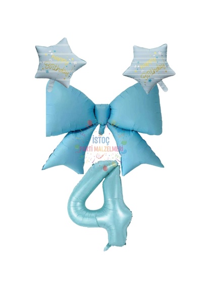 İSTOÇ PARTİ Blue Color Star Bow Number Foil Balloon Set Age 4