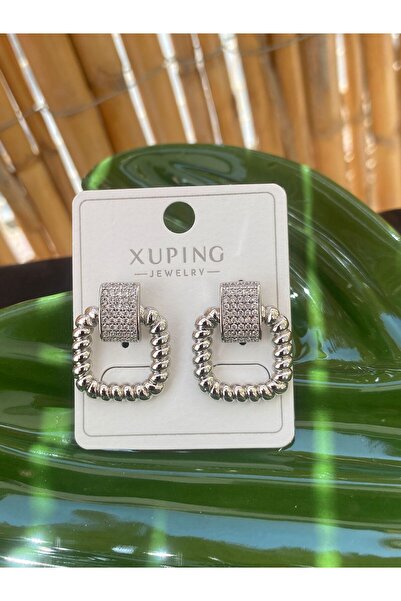 XUPING JEWELRY ÇELİK KÜPE TAŞLI KARE GÜMÜŞ RENK