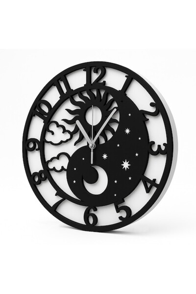 OEM Ceas de Perete Yin Yang – Lemn/MDF Negru, Diametru 30 cm, Decupaj Laser c...