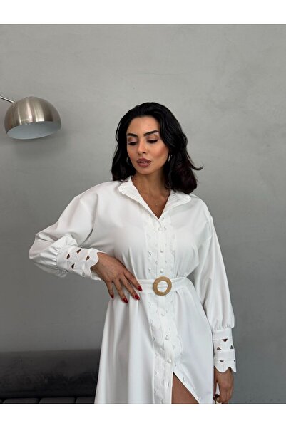 suphias Atlas Fabric Dress with Lace Detail & Belt