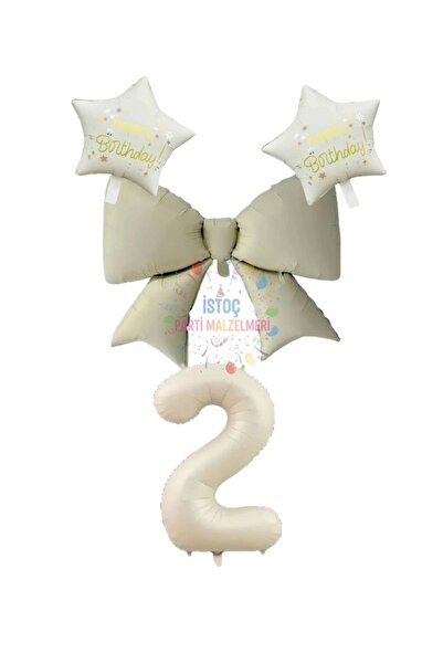 İSTOÇ PARTİ Cream Color Star Bow Number Foil Balloon Set 1 Year Old