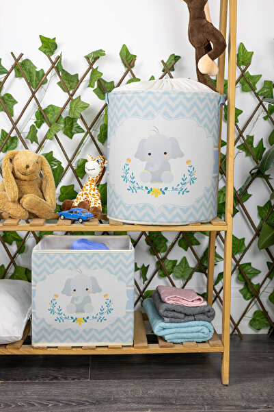 homyjr's Mavi Fil Baskılı Çok Amaçlı Dolap Içi Oyuncak Kirli Çamaşır Düzenleyici Saklama Kutu- Fileli Sepet S