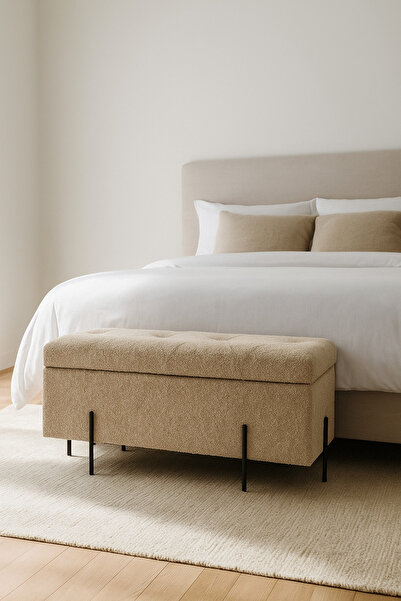 MARIA HOMES مقعد تخزين بني مع مقعد من القماش المبطن وأرجل معدنية سوداء - 90×3...