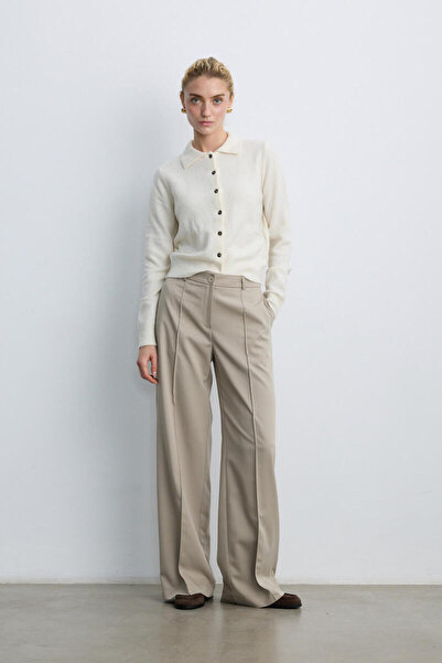 BE BLUE Dark Beige Ribbed Wide-Leg Pants