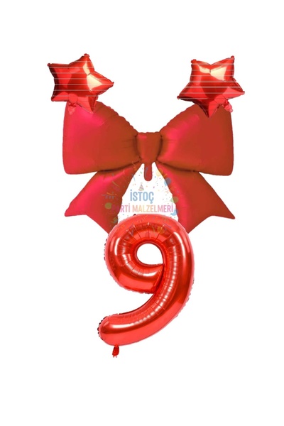 İSTOÇ PARTİ Red Color Star Bow Number Foil Balloon Set 9 Years Old