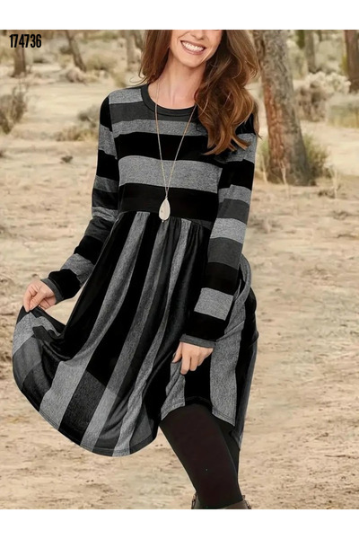 Viyamo Yeni Sezon Bisiklet Yaka Rahat Kalıp Çizgili Süprem Elbise