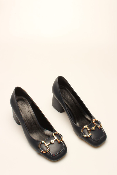 İDİL Dark Blue Leather Buckle Women's Heels