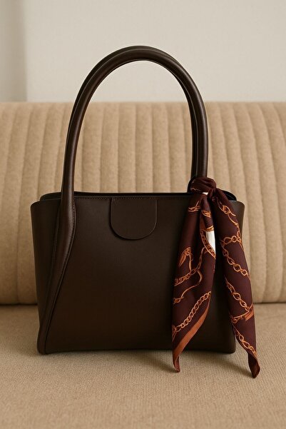 MODA LİMONBAGG KAHVERENGİ FERMUARLI VE FULARLI KÜÇÜK BOY KADIN KOL ÇANTASI