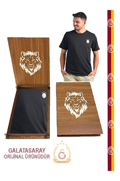 Galatasaray Black T-Shirt with Original Logo and Wooden Box Gift
