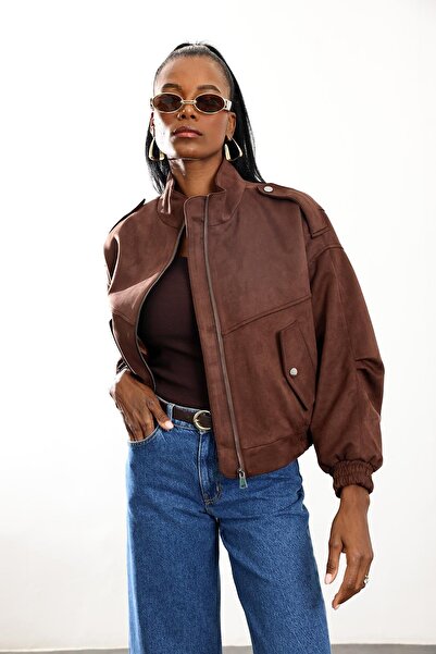 5in1Canpolat Brown Suede Bomber Jacket D99806