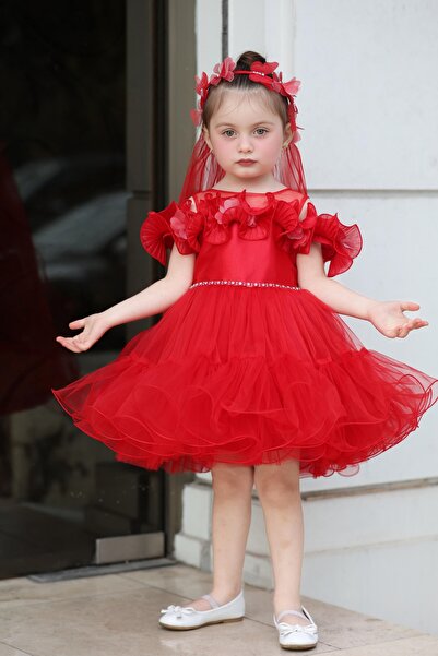 MİSS RAİN Front and Skirt with Ruched Waist, Stone Detail, Ruffled Satin Tulle Girl's Evening Dress