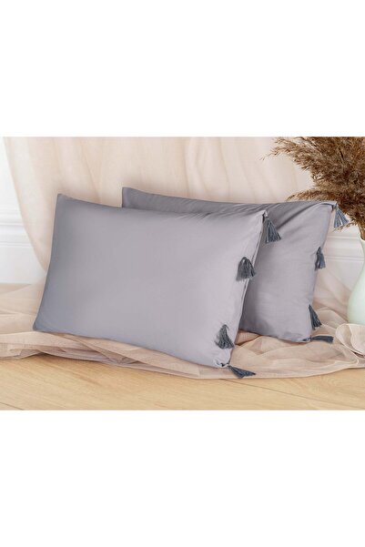Storish Yastık Kılıfı Simple Püsküllü %100 Cotton 2'li Gri