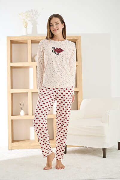 Temporium Women's Berlin Fabric Circular Neck Seasonal Long Sleeve Pajama Set