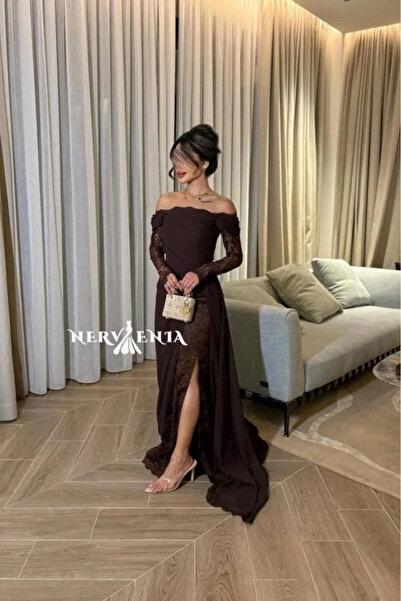 narvenia فستان شوكو تري شيفون مع دانتيل مشجر