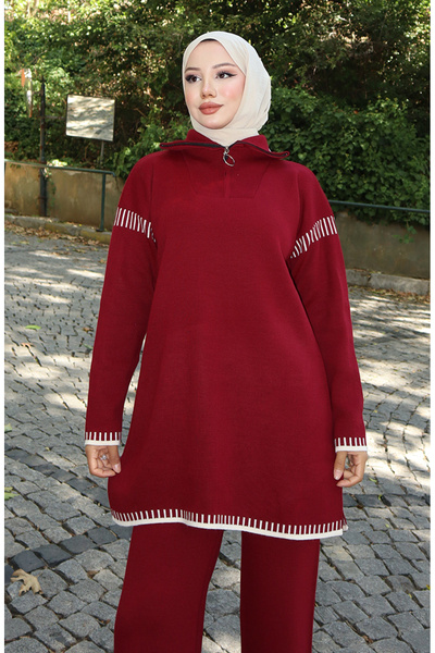 sefamerve Knitwear Zipper Collar Tunic Trousers Double Set 1061-01 Claret Red