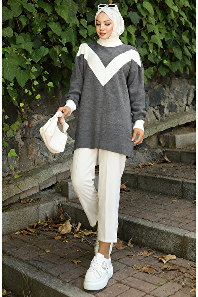 sefamerve Πλεκτό V Μοτίβο συνδυασμός υφασμάτων Τουνίκ 3017-03 Γκρι