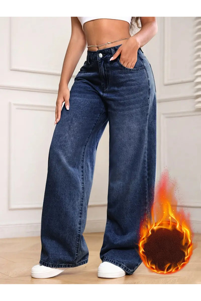 beeke Adel Women's 90's Snow Wash Dark Blue Lycra Super High Waist Loose Jeans Palazzo Denim Pants
