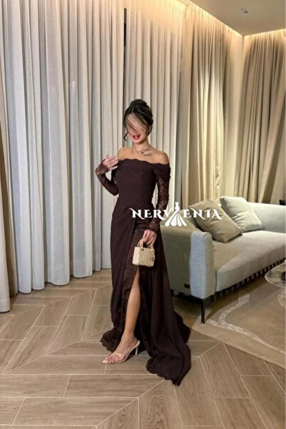 narvenia فستان شوكو تري شيفون مع دانتيل مشجر