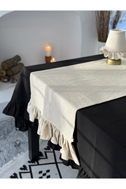 KaiAtelier Natural Keten İki Yanı Fırfırlı Dikdörtgen Runner 50x150cm