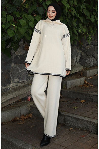 sefamerve Knitwear Zipper Collar Tunic Trousers Double Set 1061-06 Beige