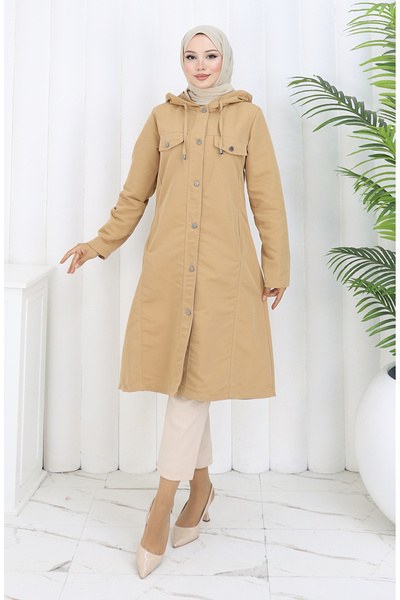 sefamerve Bondit Kumaş Kapüşonlu Trençkot 0185-03 Sütlü kahve