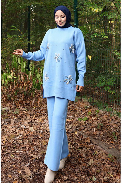 sefamerve Knitwear Floral Detailed Tunic Trousers Double Suit 1006-03 Blue