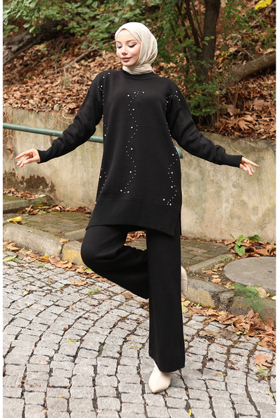 sefamerve Knitwear Stone Printed Tunic Trousers Double Set 1104-01 Black