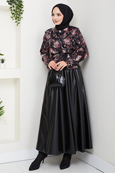 Bestenur Desenli Ceket Etek Deri İkili Takım 1616 - Siyah