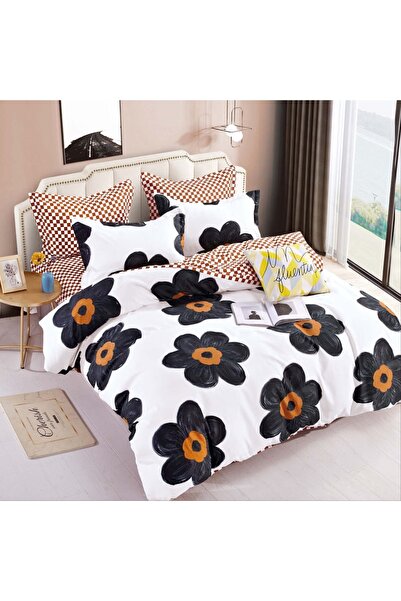 OEM Bed linen, 2 people, fine, 6 pieces, white and brown, with black flowers, LF301
