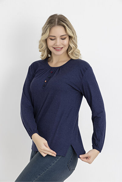 Orly More Μίνι χτενισμένη βαμβακερή μπλούζα με λεπτομέρεια με κουμπιά από ύφασμα χειμερινής βισκόζης με ελαστικά μανίκια