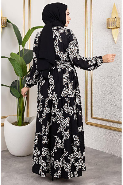 sefamerve Leopar Desenli Viskon Elbise 7135-04 Siyah