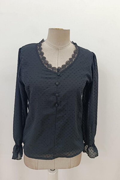 Mossta V-Neck Front Buttoned Blouse - Black