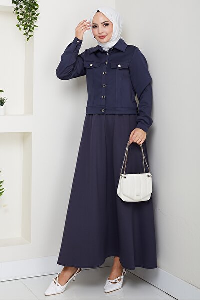 Bestenur Jacket Skirt Scuba Two-Piece Set 1614 - Navy Blue