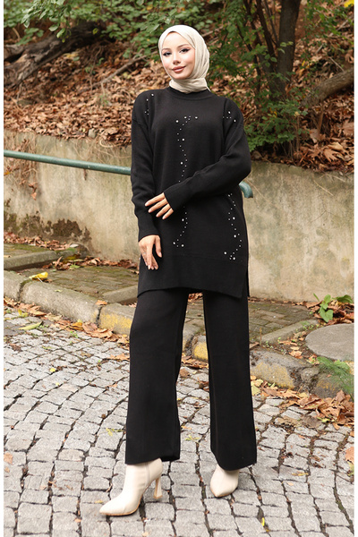 sefamerve Knitwear Stone Printed Tunic Trousers Double Set 1104-01 Black