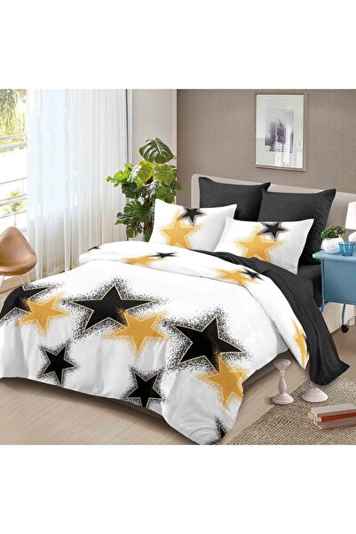 OEM Lenjerie de pat, 2 persoane, finet, 6 piese, negru si alb, cu stele negre...