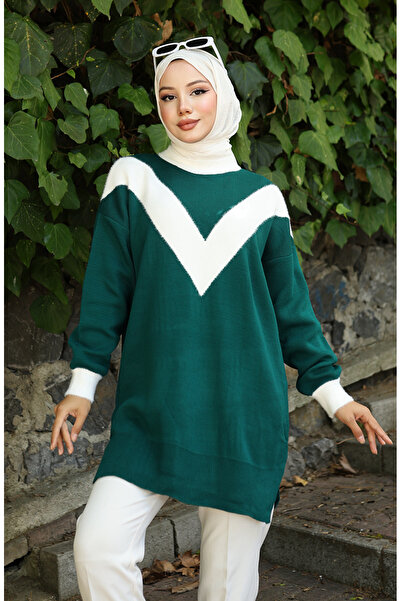 sefamerve Πλεκτά V Μοτίβο συνδυασμός υφασμάτων Τουνίκ 3017-08 Πετρέλαιο