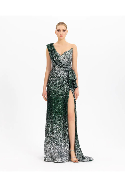 ILMIO One Shoulder Slit Sequin Evening Dress