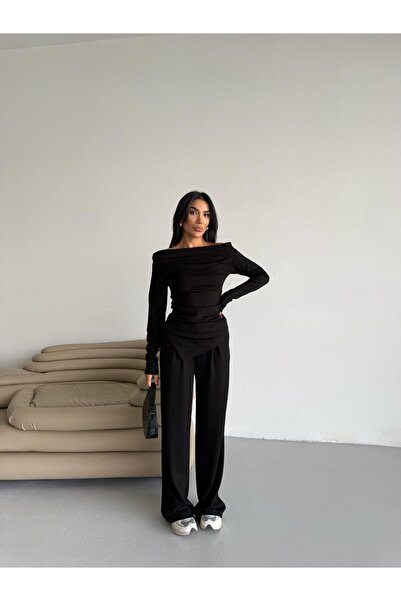 Famel Butik Women's Draped Asymmetrical Cut Blouse Pants Modal Set