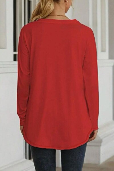 Mossta Long Sleeve Round Neck Blouse - Red