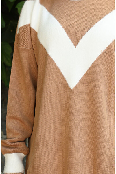 sefamerve Knitwear V Pattern Garnished Tunic 3017-06 Milky Coffee