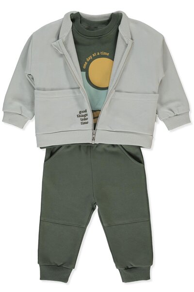 Bebetto طقم كارديجان بقلنسوة بثلاثة خيوط (3 قطع) (أشياء جيدة) لون كاكي