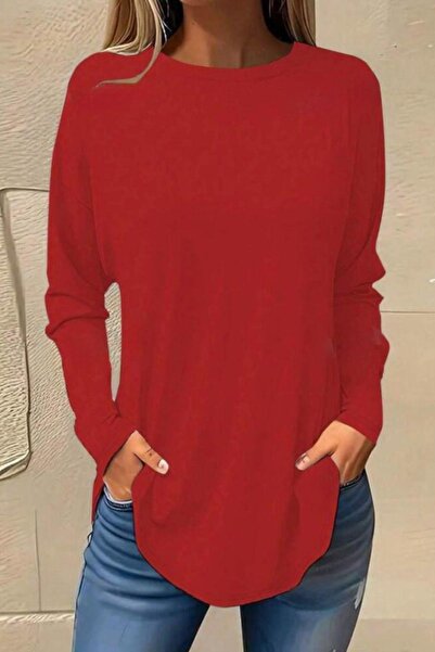 Mossta Long Sleeve Round Neck Blouse - Red