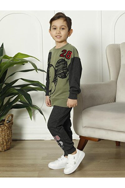 CLQTH Boy's Green - Anthracite Printed Tracksuit Set