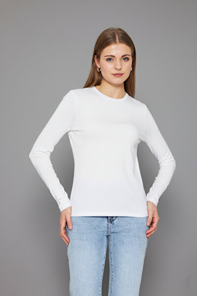 Avones Women's Crew Neck Long Sleeve Basic T-Shirt - 100% Cotton Casual T-Shirt-White